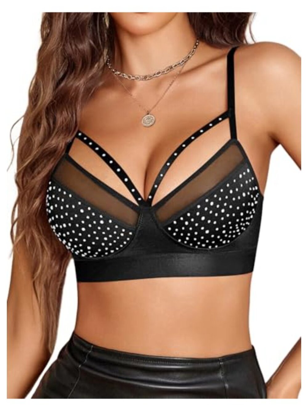 Women Rhinestone Lace Wireless Bralette Strappy Adjustable Spaghetti Strap